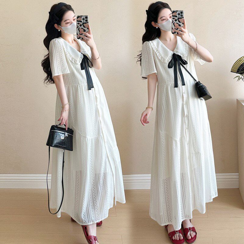 新品孕妇装夏天裙子长款过膝减龄娃娃领领长N裙宽松休闲白色短袖