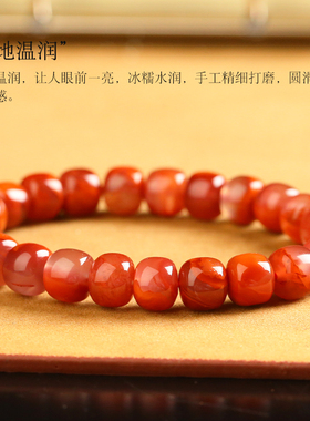 极速原矿南红h玛瑙手串老型桶珠单圈手链凉山料柿子红火焰纹男女