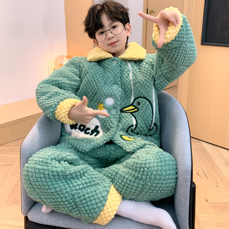 极速儿童睡衣男童冬季o三层夹棉加绒加厚冬款珊瑚绒男孩大童家居