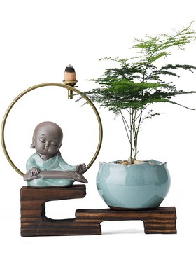 极速新中式倒流香k炉高山流水摆件禅意小和尚绿植客厅书房茶台玄