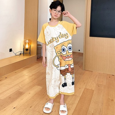 极速儿童连体睡衣男童夏季薄款纯棉短H袖海绵宝宝男孩空调服睡袋