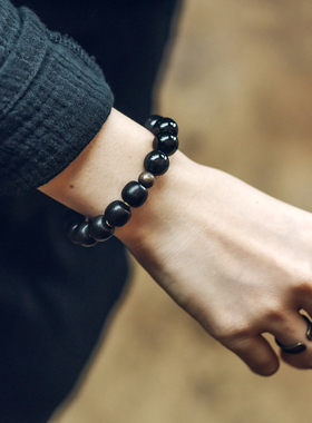 极速复古简d约黑檀木男士手链黑曜石大圆珠子把玩手串黄虎眼石文