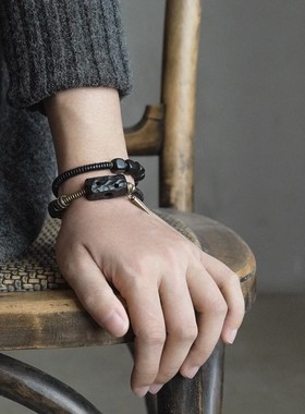 极速非鱼之家民族风黑檀木手链男 D手工镂空配饰 方形黑色百搭个