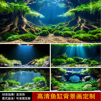 鱼缸背景画高清背景纸定制溪流缸草缸造景装饰图水底树根水草岩石
