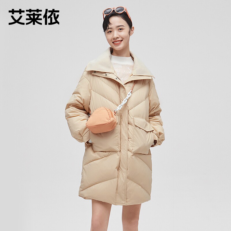 艾莱依2021新款羽绒服女冬中长款白鸭绒流行爆款翻领保暖女装外套