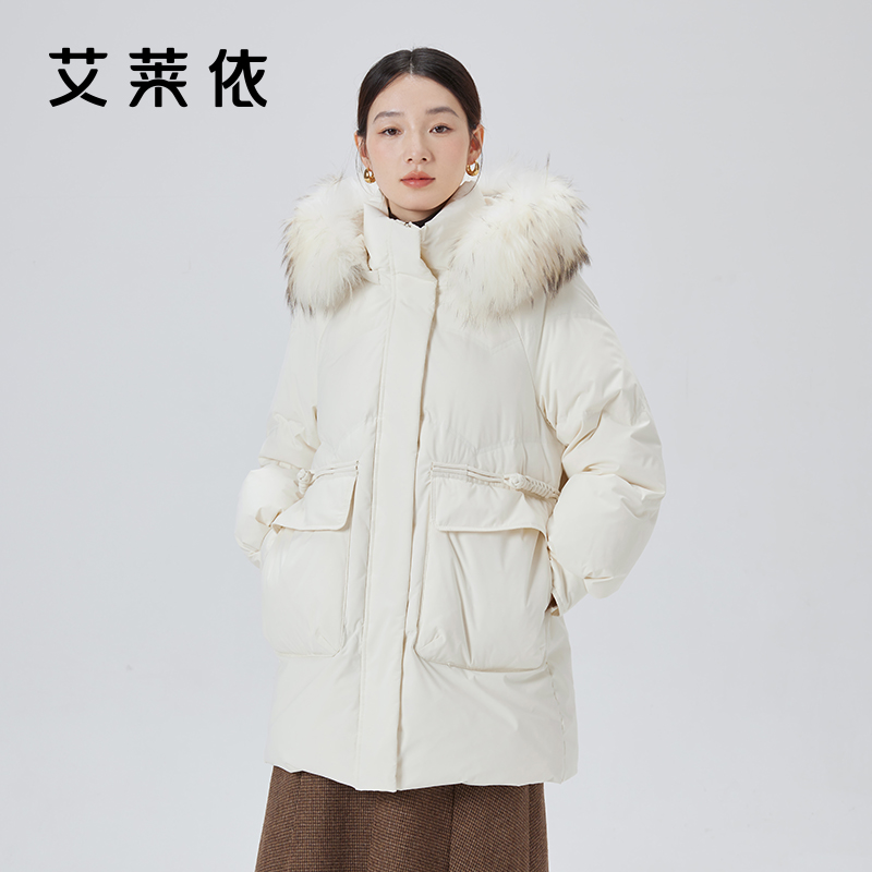 艾莱依毛领羽绒服女修身新款短款连帽毛领鸭绒时尚国风盘扣外套冬
