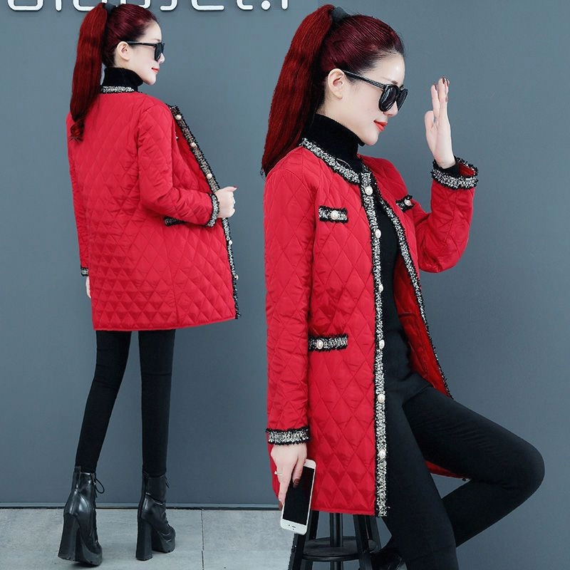 棉衣女中长款冬季韩版宽松棉服编织菱形格轻薄羽绒棉女装加厚外套