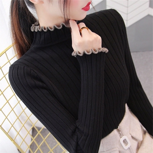 不加绒/加绒加厚木耳边半高领毛衣女秋冬新款长袖打底针织衫上衣