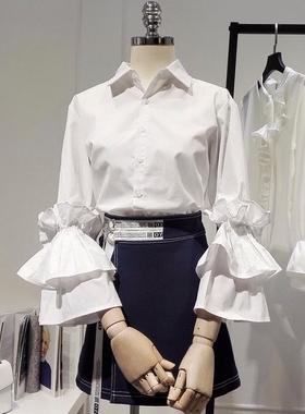 衬衫新款白喇叭袖潮蛋糕层上衣甜美淑女Chic风春秋衬衣女韩版百搭