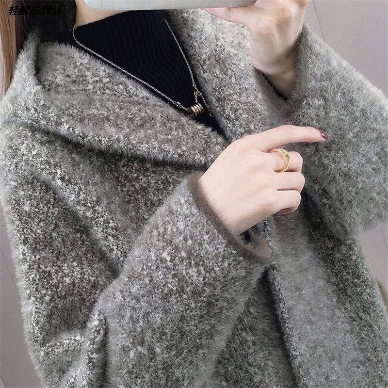 秋冬大码女装开衫毛呢水貂绒2026雪花点中长款韩版女宽松大码外套