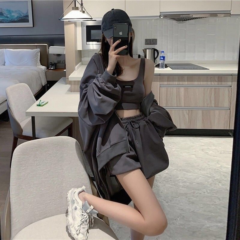 背心阔腿短裤三件套女长袖运动休闲连帽外套2026夏季新款套装韩版