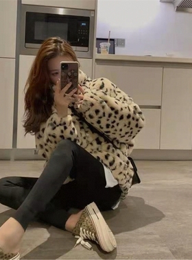 仿皮草豹纹毛毛外套女韩版宽松学院风2025秋冬新款羊羔毛绒上衣潮