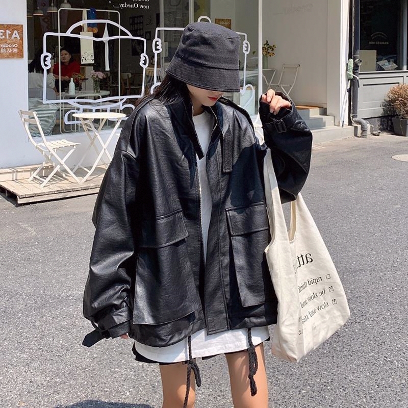 港风潮外套宽松长袖PU皮衣抽绳春秋韩版复古女学生长袖百搭设计感