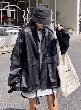 港风潮外套宽松长袖PU皮衣抽绳春秋韩版复古女学生长袖百搭设计感