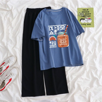 Single Piece/Set of Women's Short-Sleeve T-Shirt with Loose Wide-Leg Pants, Versatile for Petite Figures, New Summer Korean-Style Printed Top, Trendy