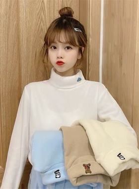 摇粒绒保暖内搭打底衫女韩版学生长袖秋冬半高领加绒加厚紧身上衣