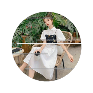 设计感时尚拼接连衣裙女夏法式复古收腰背带裙短袖针织衫两件套装