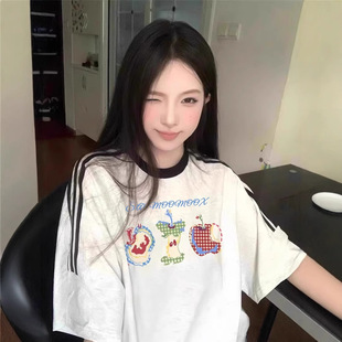 t恤女2025新款 夏季 纯棉短袖 爆款 上衣 设计感小众条纹美式 宽松半袖
