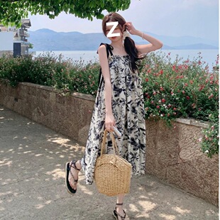 水墨画吊带连衣裙女夏季 复古高级感海边度假气质长裙 2025新款 法式