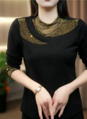 聚光点亮女装镶钻纯色长袖T恤女士黑色减龄打底衫秋冬季内搭小a3