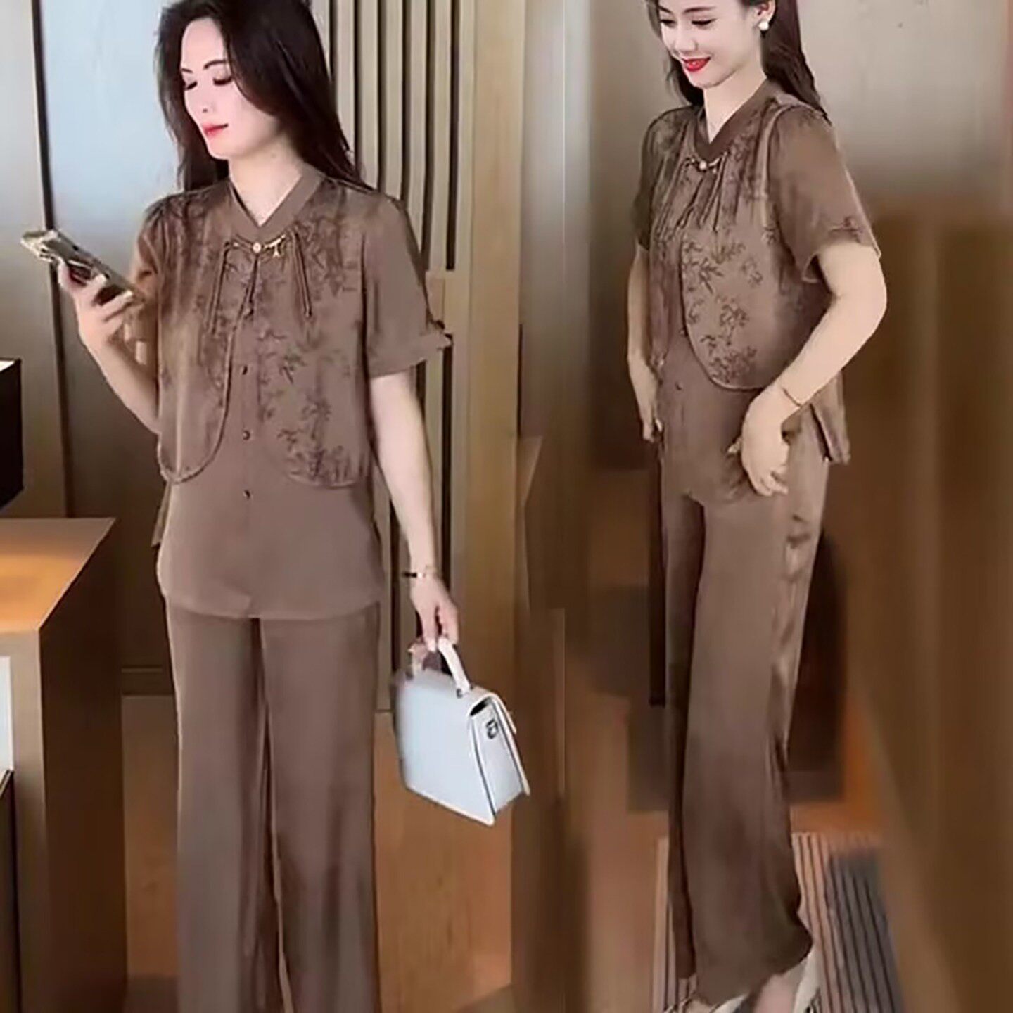 辉冕女装新中式国风丝缎手抓花套装春夏女士款气质休闲时尚两件a7