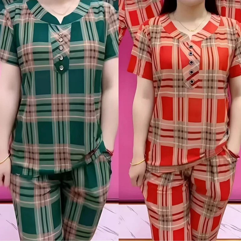 慕清女装中老年妈妈夏装新款冰丝条纹套装女短袖上衣裤子两件套a6