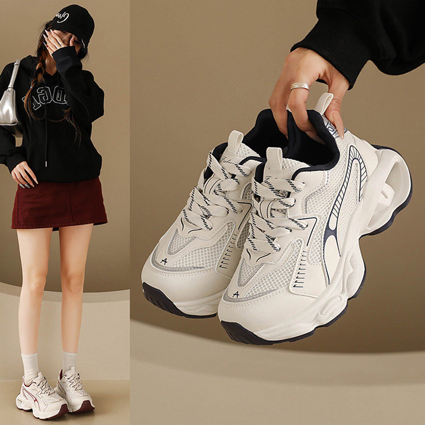 女士爆款帕拉鞋2026新款春夏季女士厚底老爹鞋透气跑步运动休闲a7