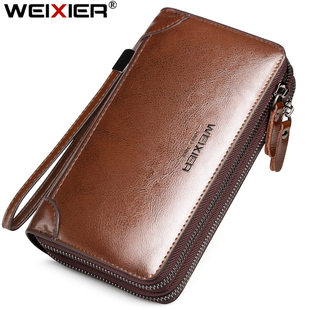 玟若男士PU皮手拿包大容量双拉头长款钱包高级感男款防水手包a4