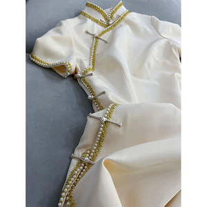 Xiaoxiang style elegant high -level high -quality heavyweight dress female summer waist improvement pearl design alien cheongsam skirt