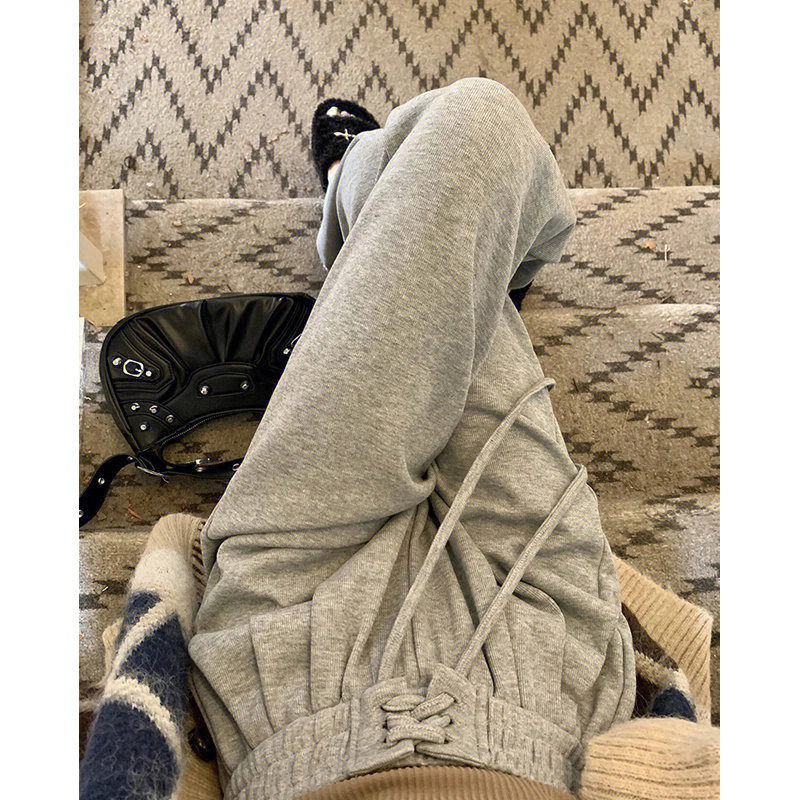 FASHIONABLE DESIGN: DRAWSTRING TIE SPORTS WIDE-LEG PANTS WOMENS AUTUMN AND WINTER HIGH-WAISTED SLIM CASUAL AND VERSATILE MOPPING LONG PANTS