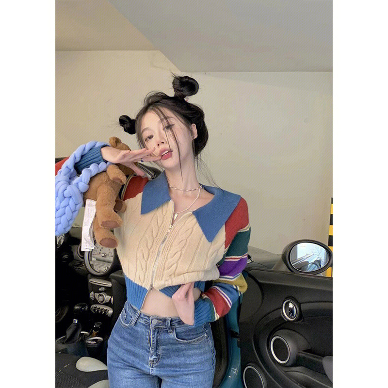 RETRO CONTRAST COLOR RAINBOW STRIPED RAGLAN SLEEVE KNITTED SWEATER WOMENS AUTUMN SLIM FIT SLIM SHORT ZIPPER CARDIGAN TOP