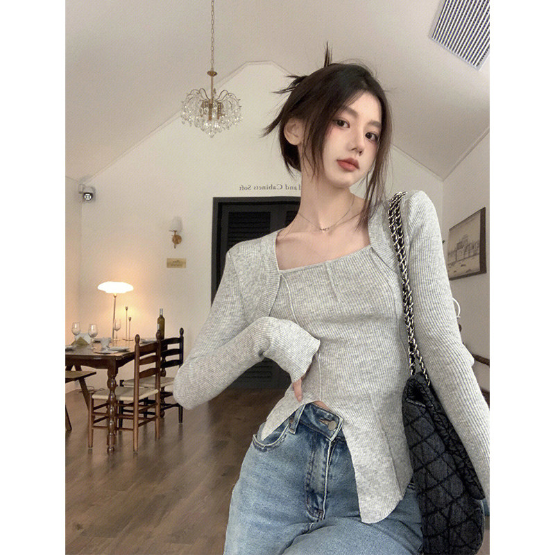 FASHIONABLE DESIGN HEM SLIT LONG-SLEEVED SQUARE-NECKED KNITWEAR WOMENS AUTUMN AND WINTER SLIM AND THIN NICHE AND VERSATILE TOPS TRENDY