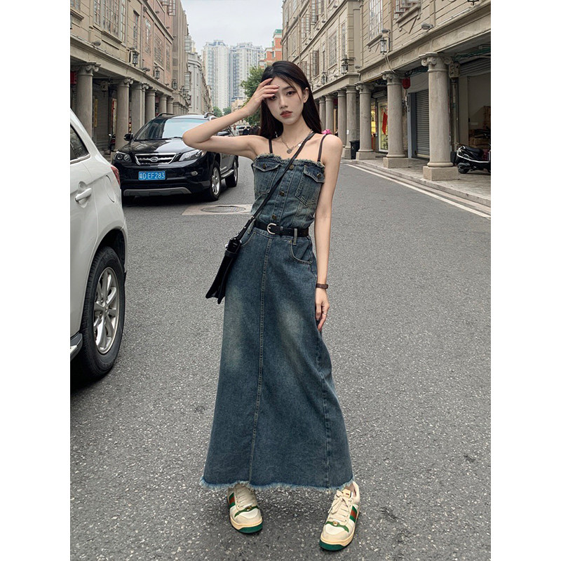 RETRO SENSE OF LUXURY SMALL MAN TASSEL RAW EDGE DENIM DRESS WOMENS SUMMER WAIST CINCHED THIN BANDEAU A-LINE LONG SKIRT