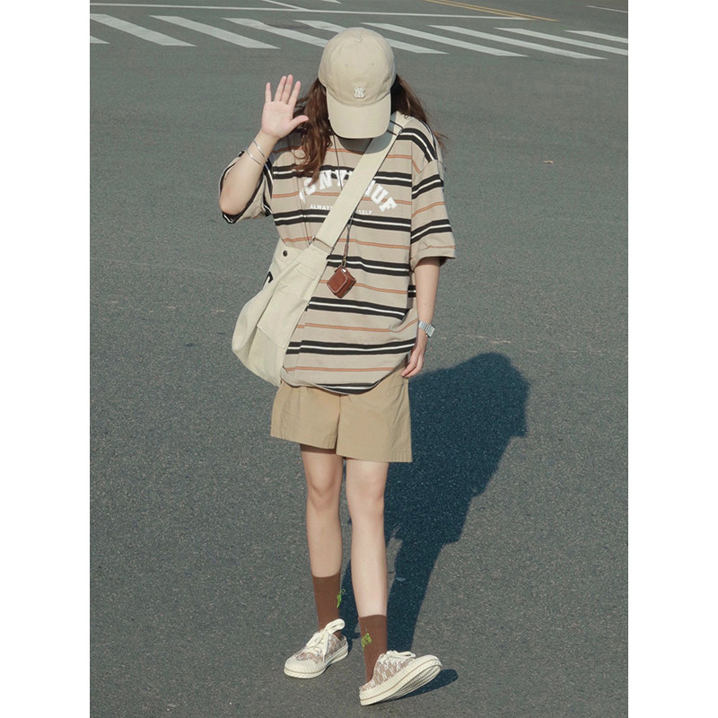 HONG KONG STYLE DESIGN SENSE STITCHED STRIPED SHORT-SLEEVED T-SHIRT WOMENS SUMMER LOOSE OVERSIZE CASUAL CREW NECK VERSATILE TOP TRENDY