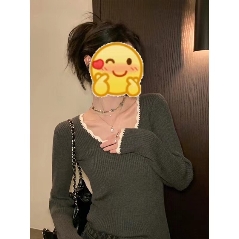 KOREAN RETRO DESIGN SENSE LACE COLLAR LONG-SLEEVED KNITTED SWEATER WOMENS WINTER SLIM AND THIN AND VERSATILE TEMPERAMENT TOP TREND