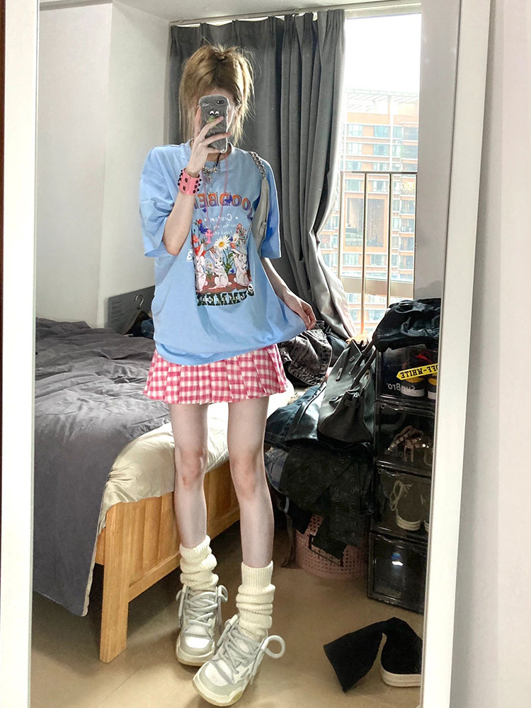 KOREAN VERSION OF SWEET COOL AGE REDUCTION FUN CARTOON PRINT SHORT SLEEVE T-SHIRT WOMENS SUMMER LOOSE CHIC WHITE LAZY STYLE TOP