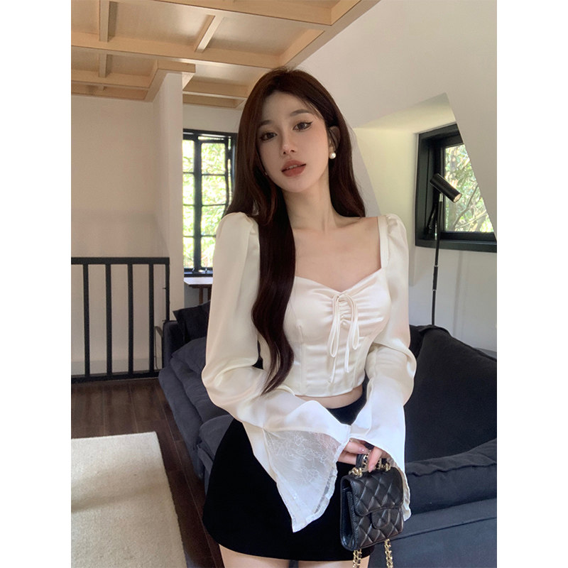 FRENCH DESIGN SATIN HERBONE BELL SLEEVE SQUARE NECK SHIRT WOMENS SUMMER SLIM SHORT HOT GIRL PURE LUST TOP