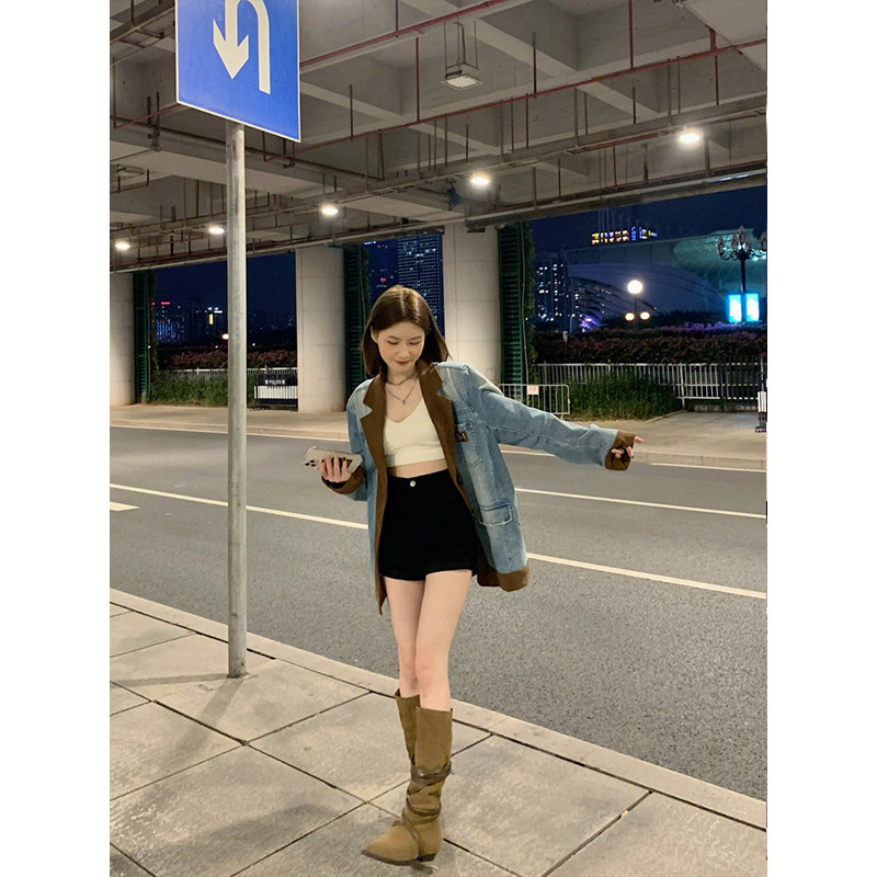 AMERICAN RETRO PATCHWORK BLAZER WOMENS AUTUMN AND WINTER LOOSE AND THIN FASHIONABLE AND VERSATILE MIDI CARDIGAN TOP