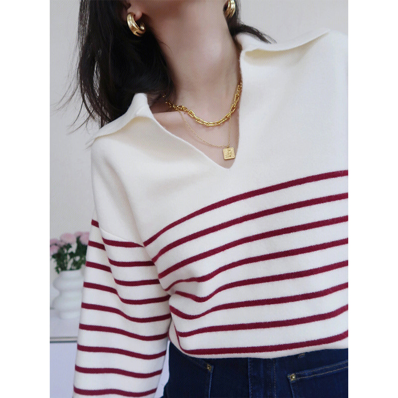 KOREAN VERSION OF THE DESIGN SENSE RED STRIPE POLO NECK LONG-SLEEVED KNITTED SWEATER WOMENS AUTUMN AND WINTER LOOSE THIN SOFT GLUTINOUS PULLOVER TOP