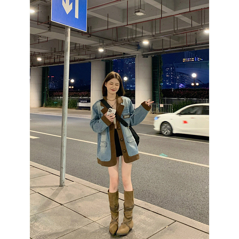 AMERICAN RETRO PATCHWORK BLAZER WOMENS AUTUMN AND WINTER LOOSE AND THIN FASHIONABLE AND VERSATILE MIDI CARDIGAN TOP