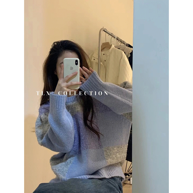KOREAN VERSION OF THE DESIGN SENSE CONTRAST PLAID LONG-SLEEVED KNITTED SWEATER WOMENS WINTER LOOSE AND THIN FASHIONABLE AND VERSATILE PULLOVER TOP