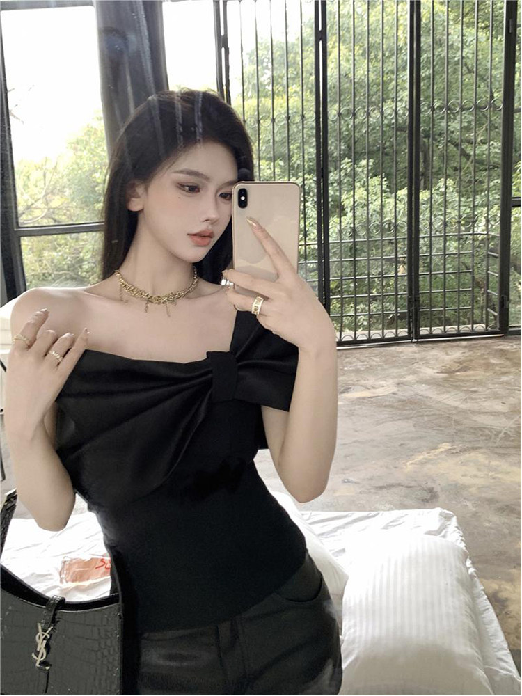 FRENCH HIGH-END SWEET BOW ONE-SHOULDER SHIRT WOMENS SUMMER SLIM SLIM SEXY SHORT TEMPERAMENT TOP