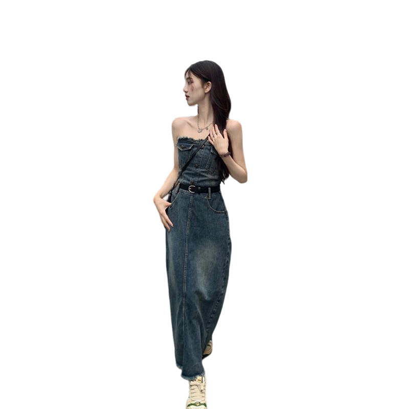 RETRO SENSE OF LUXURY SMALL MAN TASSEL RAW EDGE DENIM DRESS WOMENS SUMMER WAIST CINCHED THIN BANDEAU A-LINE LONG SKIRT