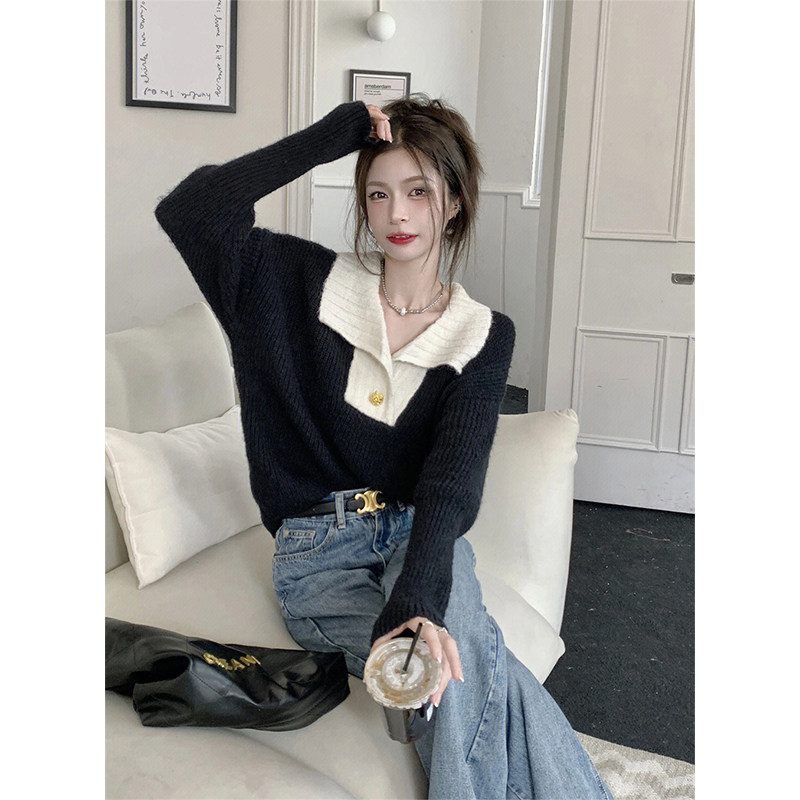 FRENCH DESIGN SENSE CONTRAST LAPEL LONG-SLEEVED KNITTED SWEATER WOMENS AUTUMN AND WINTER NEW LOOSE AND THIN VERSATILE CHIC TOP