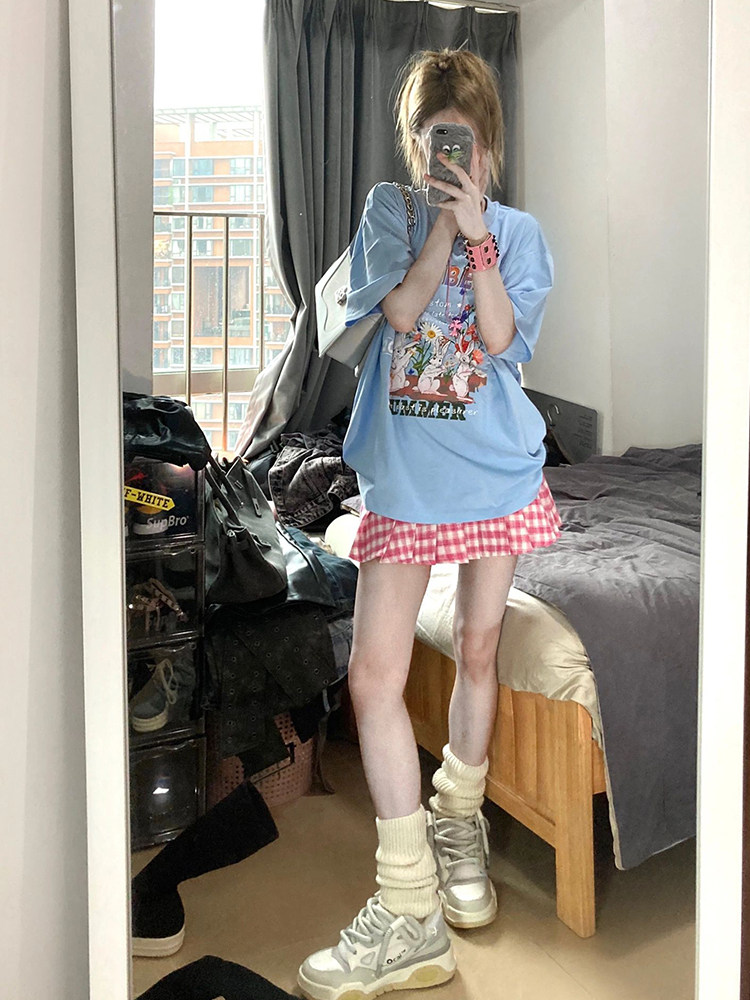 KOREAN VERSION OF SWEET COOL AGE REDUCTION FUN CARTOON PRINT SHORT SLEEVE T-SHIRT WOMENS SUMMER LOOSE CHIC WHITE LAZY STYLE TOP