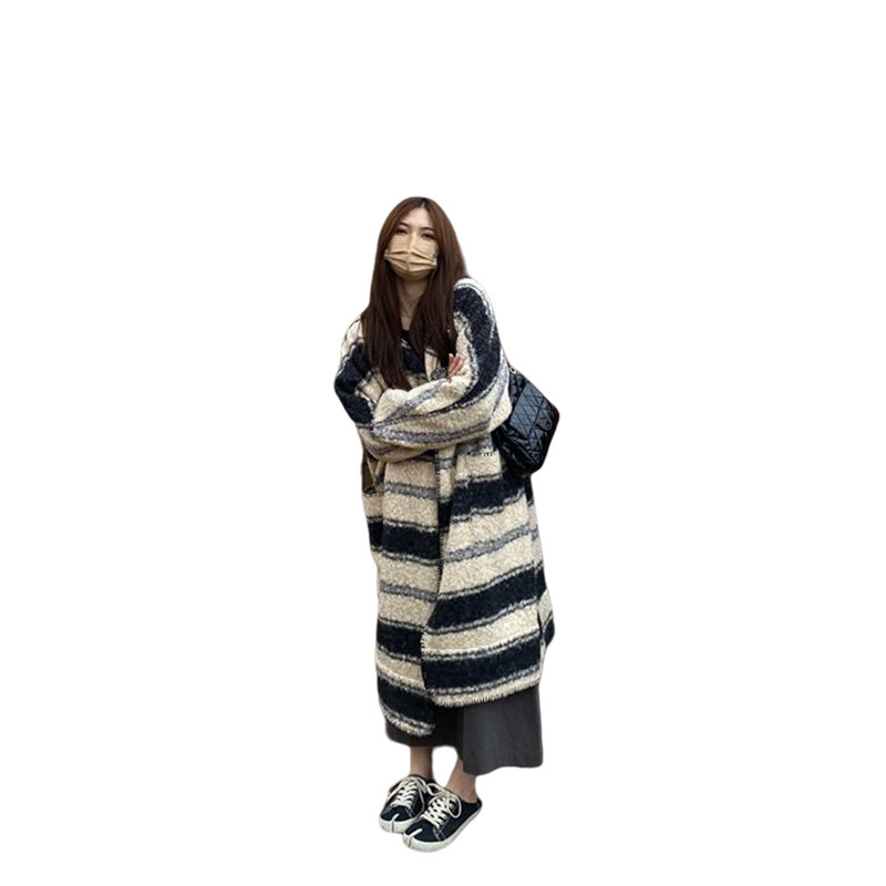 KOREAN VERSION RETRO STRIPED THICKENED WARM LONG-SLEEVED SWEATER JACKET WOMENS WINTER LOOSE SLIM LONG CARDIGAN TOP TIDE