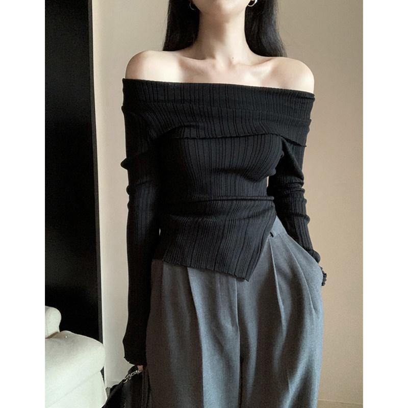 KOREAN VERSION RETRO DESIGN SENSE IRREGULAR THIN KNITWEAR WOMENS AUTUMN SLIM SLIM PULLOVER ONE-SHOULDER TOP TIDE