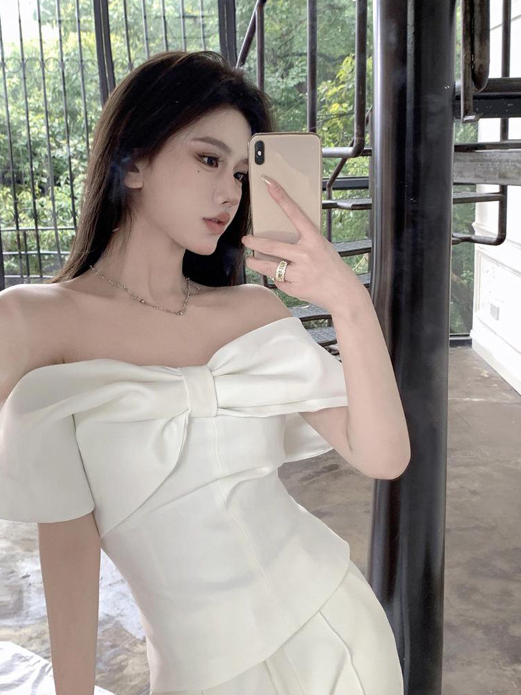 FRENCH HIGH-END SWEET BOW ONE-SHOULDER SHIRT WOMENS SUMMER SLIM SLIM SEXY SHORT TEMPERAMENT TOP