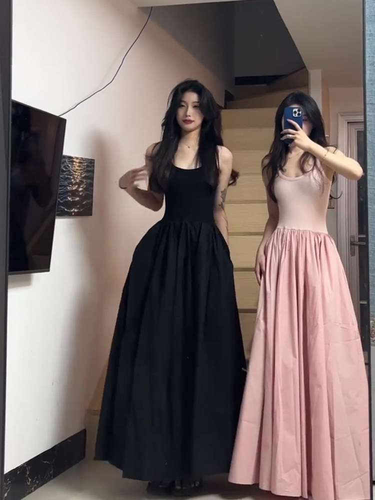 FRENCH SEXY BABES PATCHWORK VEST DRESS WOMENS SUMMER WAIST THIN WAIST THIN HIGH-END CASUAL TEMPERAMENT LONG SKIRT