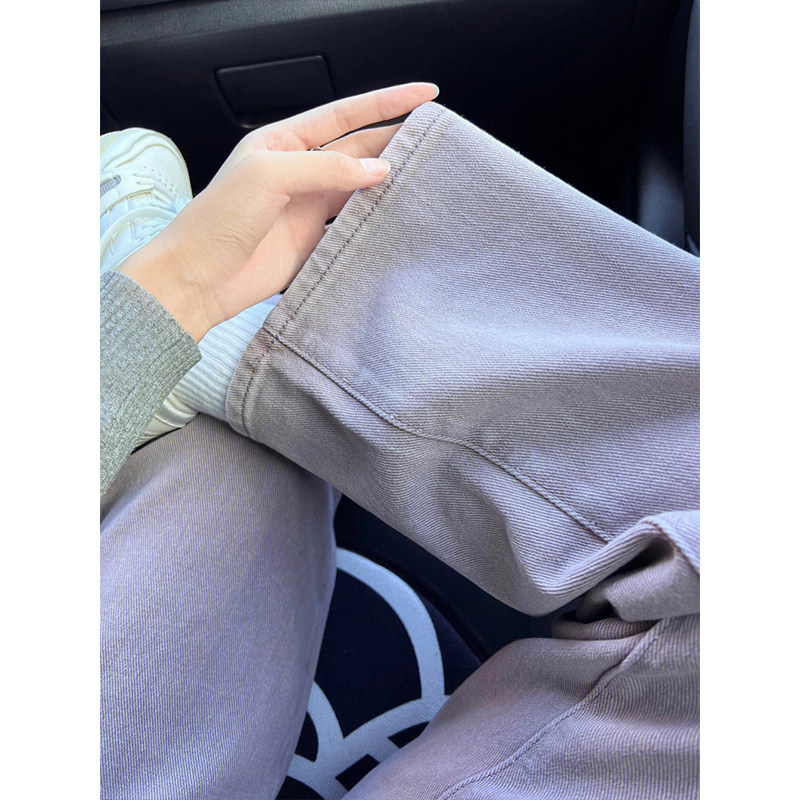 AMERICAN RETRO DISTRESSED PURPLE STRAIGHT-LEG JEANS WOMENS AUTUMN HIGH-WAISTED SLIM FASHION CASUAL AND VERSATILE WIDE-LEG TROUSERS